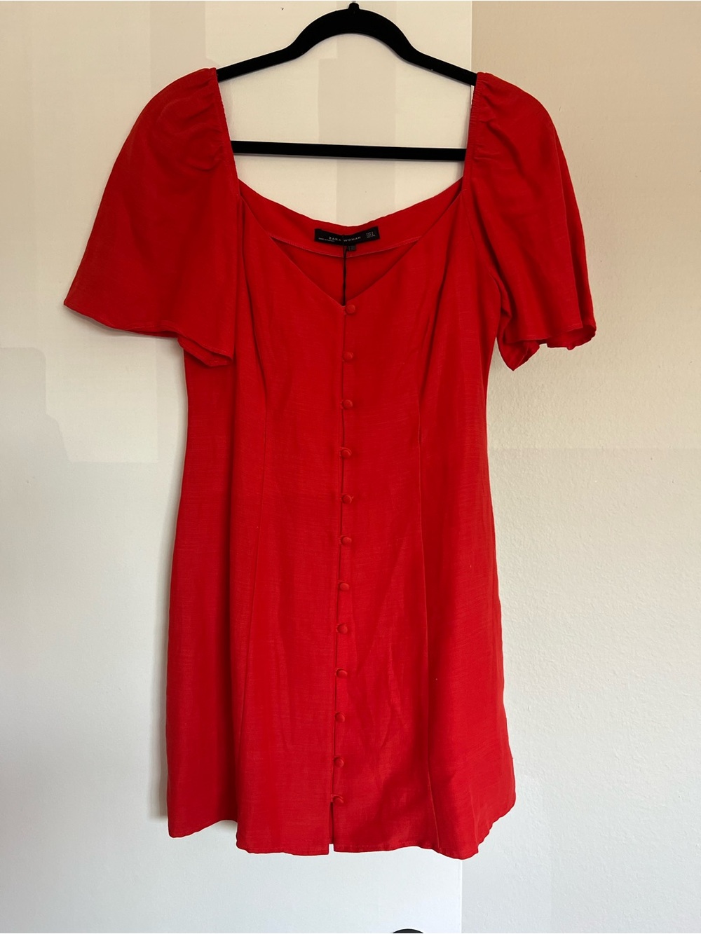 Zara Red Button-Front Puff Sleeve Mini Dress